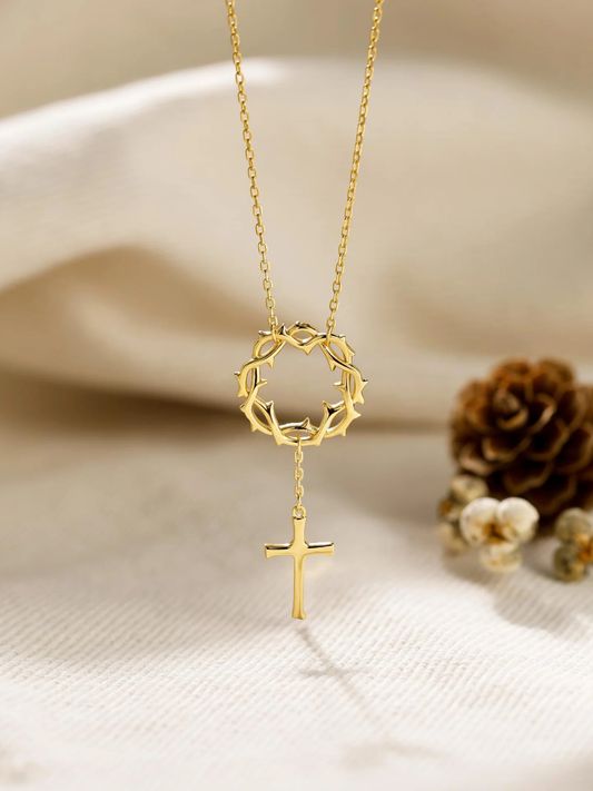 Crown Of Grace Cross Necklace, 18K Gold Plated 1 Micron Thickness