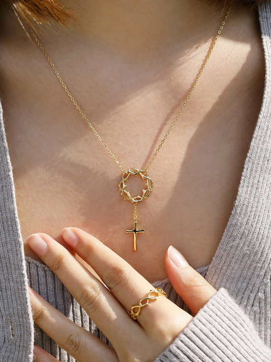 Crown Of Grace Cross Necklace, 18K Gold Plated 1 Micron Thickness